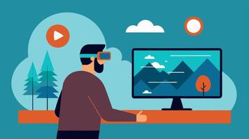 Therapy VR Setup A designer setting up a virtual reality space designed for therapy displaying images of calming landscapes on a monitor while adjusting the headset and controls. vector