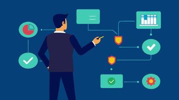 Risk Assessment A manager using a touchscreen panel to analyze risk factors within the supply chain with AIgenerated suggestions for mitigation strategies.. vector