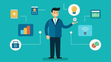 Smart Tech Solutions A consultant showcasing smart technology options for energy management like smart thermostats and sensors helping businesses adopt innovative solutions.. vector