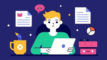 Writing a Newsletter An illustration of the journalist folded over a stack of papers writing a newsletter about the latest esports events surrounded by colorful gaming merchandise.. vector