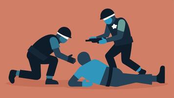 Suspect Detainment A SWAT officer pinning a suspect to the ground while others secure the scene and ensure the safety of hostages.. vector