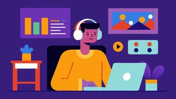 Studio Setup An artist sitting in a soundproof studio with colorful visual panels headphones on and a laptop displaying an AI interface illustrating a modern workspace.. vector