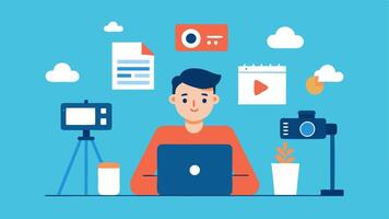 Marketing An illustration of a consultant planning a marketing strategy surrounded by cameras and editing software on their computer.. vector