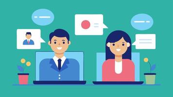 Call A scene showing a virtual assistant on a call with an exeive both friendly and engaged with laptops and notepads visible.. vector