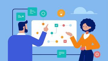 User Journey Mapping A consultant working with a client to create a user journey map on a large digital touchscreen illustrating the various touchpoints a customer encounters while. vector