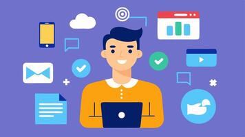 Social Media Engagement A scene of the spet engaging with social media platforms sharing content and links to boost website visibility and backlinks.. vector