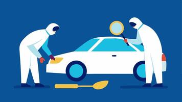 Team Collaboration Two forensic experts working together on different sides of the car one dusting while the other examines the area with a magnifying glass.. vector