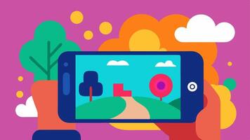 Smartphone Videography A hand holding a smartphone with a being recorded showing a vibrant scene with various visual elements.. vector