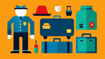 Trunk Contents Displayed The trunk open wide revealing various items like bags tools and personal belongings while an officer carefully examines each item.. vector