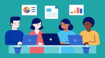 Team Collaboration A diverse recruiting team working around a table with laptops open showing AI analytics and charts on their screens.. vector