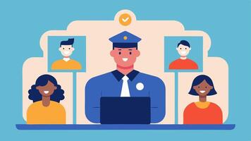 Virtual Meeting An Officer participating in a call discussing compliance issues with colleagues on the screen suggesting collaboration in remote work environments.. vector