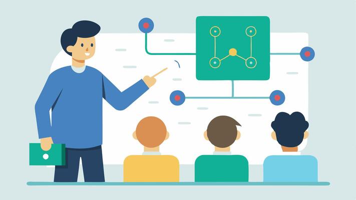 Teaching Moment An engineer presenting a lecture on quantum computing concepts to a group of eager students with diagrams of qubits and superposition illustrated behind..