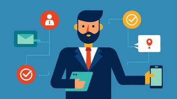Using Technology The negotiator is shown using a tablet or phone displaying information to the criminal about potential safe exits or the consequences of their actions.. vector