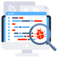 Computer bug detection. Bug error notification. System error warning. Testing software. Magnifier searching malware png