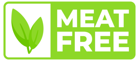 Green label with a Meat Free message and a leaf design, for labeling vegan-friendly food products and alternatives. png