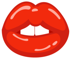 Six variations of woman's red lips showing different facial expressions like speaking, smiling, surprised and showing tongue png