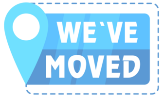 We have Moved announcement tags with location pin icons in a modern flat design style, suitable for business relocation notices png