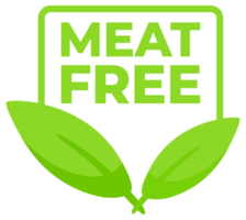 Green label with a Meat Free message and a leaf design, for labeling vegan-friendly food products and alternatives. png