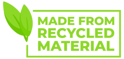 Set of labels indicating products are made from recycled material, featuring a green color scheme and leaf emblem for eco-awareness. png
