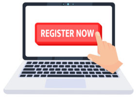Hand pointer clicking on a register now button on a laptop screen. illustration png