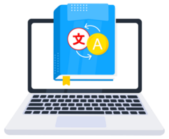 Online language course, digital translation service concept, laptop translating document, foreign languages learning app png