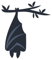 Four different cartoon bats with big eyes flapping their wings and hanging from a branch. png