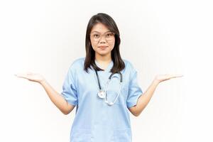 Presenting and Showing Two Product on Open Palm Of Asian Young Doctor Isolated On White Background photo