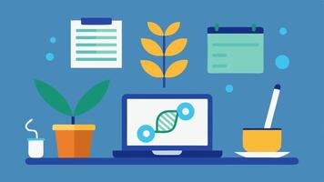 Workspace Essentials A desk setup for a genetic analyst with a laptop a notepad coffee cup and a plant illustrating a welcoming work environment.. vector