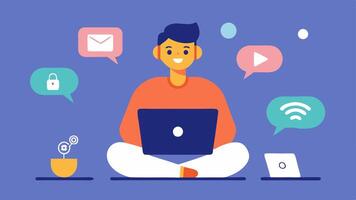 Social Media Sharing The podcast host is sitting at the laptop excitedly sharing episode content on various social media platforms. Notification icons pop up indicating. vector