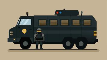 Side View of Armored Vehicle A side view illustration of a bulky armored vehicle with windows shielded by metal grates showcasing a SWAT team of four members each in tactical gear. vector