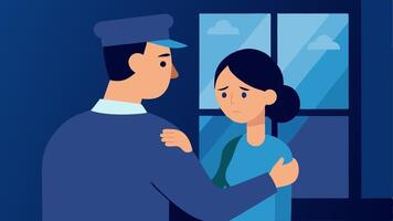 Unexpected Turn An illustration of an officer reassuring a witness with a comforting hand on their shoulder as they look out a window with a worried expression.. vector