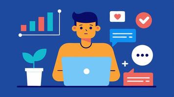Trend Analysis A creative director analyzing social media trends on a laptop with graphs charts and trending hashtags visible on their screen.. vector