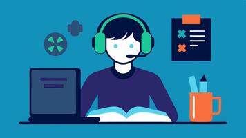 Writing an Article An illustration of a journalist typing on a laptop with an open notepad and headset showcasing esports imagery on the screen like game characters and statistics.. vector