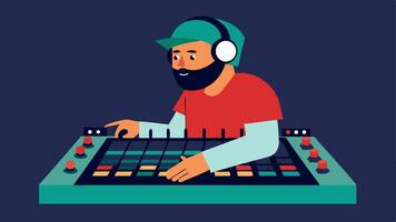 Sound Mixing Mastery A producer meticulously adjusting sliders and s on a large mixing console while monitoring sound through studio headphones.. vector