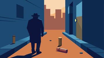 Urban Setting A detective walking through an urban alley spotting a bullet casing on the ground next to a graffiticovered wall highlighting an everyday setting.. vector