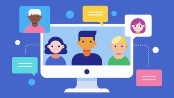 Unified Communication An instant messaging app on a computer screen with diverse team members avatars discussing a project highlighting communication tools in remote work.. vector