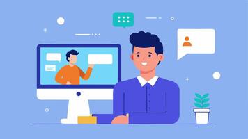 Virtual Meeting A consultant on a call with a client presenting a digital presentation on enhancing online shopping experiences with visuals of user interface mockups. vector