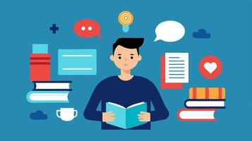 Researching Topics The host is engaged in research with books articles and online resources open around them highlighting their dedication to delivering quality content.. vector
