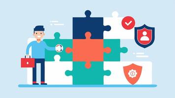 Puzzle Pieces Fitting Together An illustration of puzzle pieces labeled with various cybersecurity terms like Firewalls Encryption Identity being put together by an ethical hacker.. vector