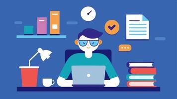 Research Time A character sitting at a desk surrounded by books and online articles about trends and product features illustrating the research phase of copywriting.. vector