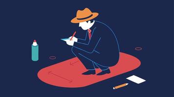 Sketching the Crime Scene A detective at the scene kneeling with a notepad and pencil sketching the layout of the area and noting important details for the report.. vector