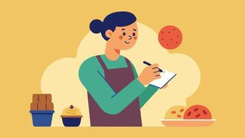 Sampling Session A professional taking notes while trying out various snacks and treats assessing their suitability for a gourmet food subscription box.. vector
