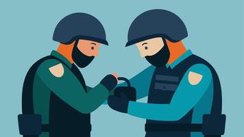 Tactical Gear Check Two officers inspecting each others gear adjusting helmets and ensuring their body armor is securely fastened.. vector