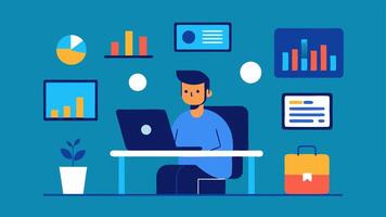Workspace Setup A professional sitting at a modern desk surrounded by multiple screens displaying analytics a shopping cart icon and sales graphs.. vector