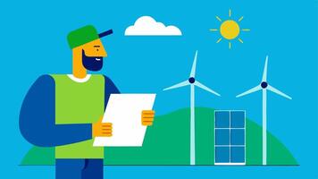 Renewable Energy Planning An expert reviewing a blueprint for a solar panel farm with illustrations of solar panels and wind turbines in the background.. vector