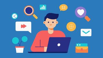 Trend Monitoring A character researching trends on a laptop with a magnifying glass surrounded by trendy icons showcasing the importance of staying updated for successful. vector
