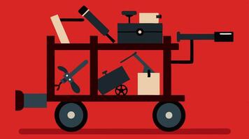 Weapons Cart An illustration of a wheeled cart filled with various weapons for transport within the evidence room including handguns and side accessories.. vector