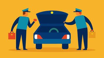Two Officers in Action A pair of officers cooperating one searching through the trunk while the other stands guard beside the vehicle watchfully looking around.. vector