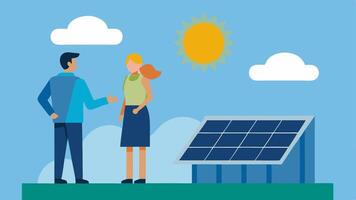 Solar Panel Installation An illustration of a consultant advising a business owner on roofmounted solar panels with a bright sun shining above indicating clean energy generation.. vector