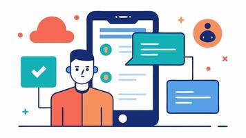 User Report Functionality An illustrated smartphone showing a user reporting content with the options highlighted by an AI assistant making the process simple and intuitive.. vector